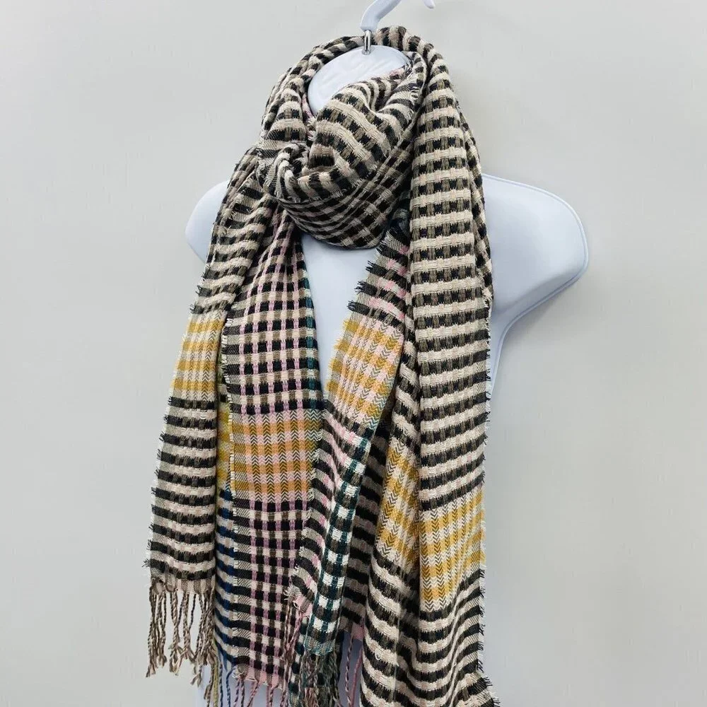 Vince‎ Camuto Womens One Size Woven Plaid Print Fringe Scarf Black Brighter 1258